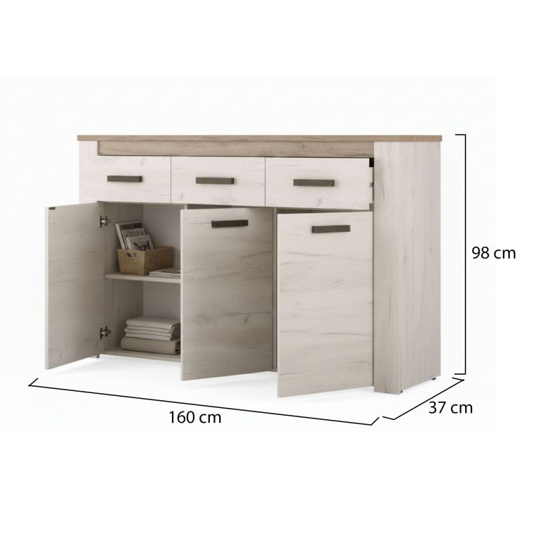 Credenza Bianco Larice Marrone Rovere 3 Ripiani 3 Cassetti 160x36.5x98h cm, 3 Ante - Scena