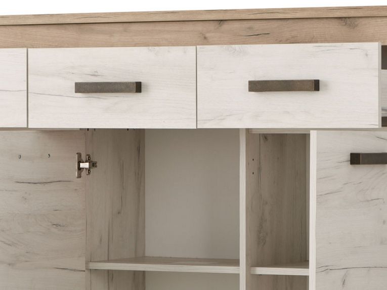 Credenza Bianco Larice Marrone Rovere 3 Ripiani 3 Cassetti 160x36.5x98h cm, 3 Ante - Scena