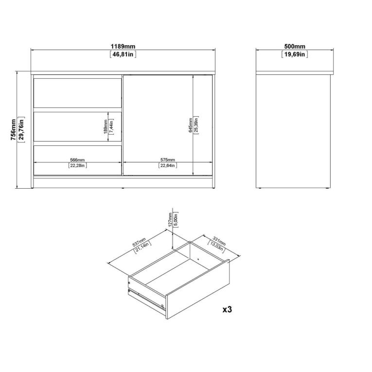 Credenza bianco lucida 118x50x75h cm 1 anta e 3 cassetti - Bebinca