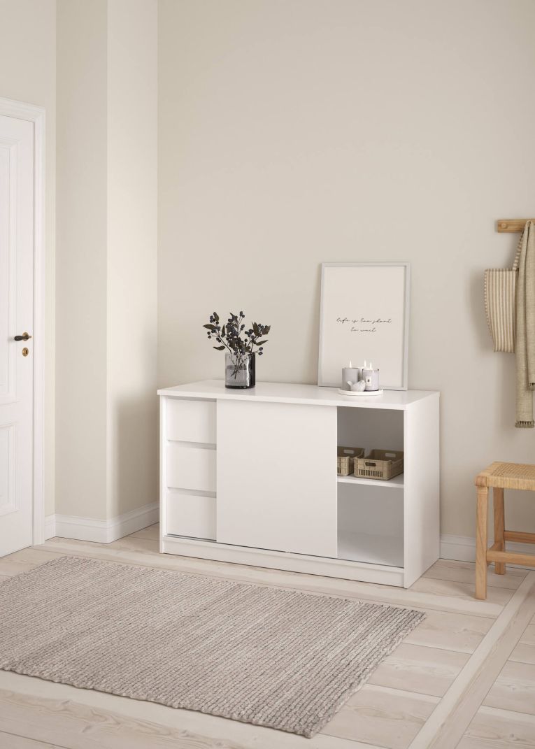 Credenza bianco lucida 118x50x75h cm 1 anta e 3 cassetti - Bebinca