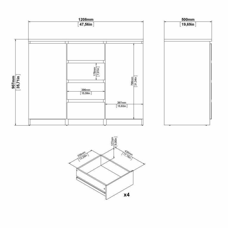 Credenza bianco lucida 120x50x90h cm 2 ante e 4 cassetti - Angelika
