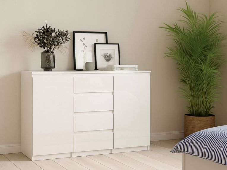 Credenza bianco lucida 120x50x90h cm 2 ante e 4 cassetti - Angelika