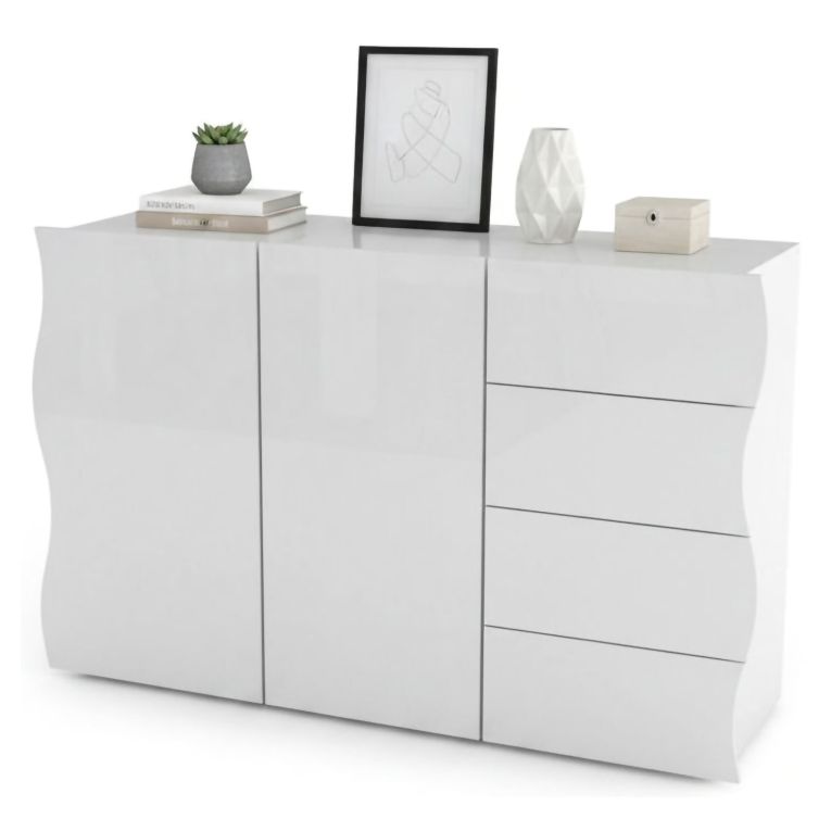 Credenza bianco lucida 124x40x81h cm 2 ante e 4 cassetti - Aksa