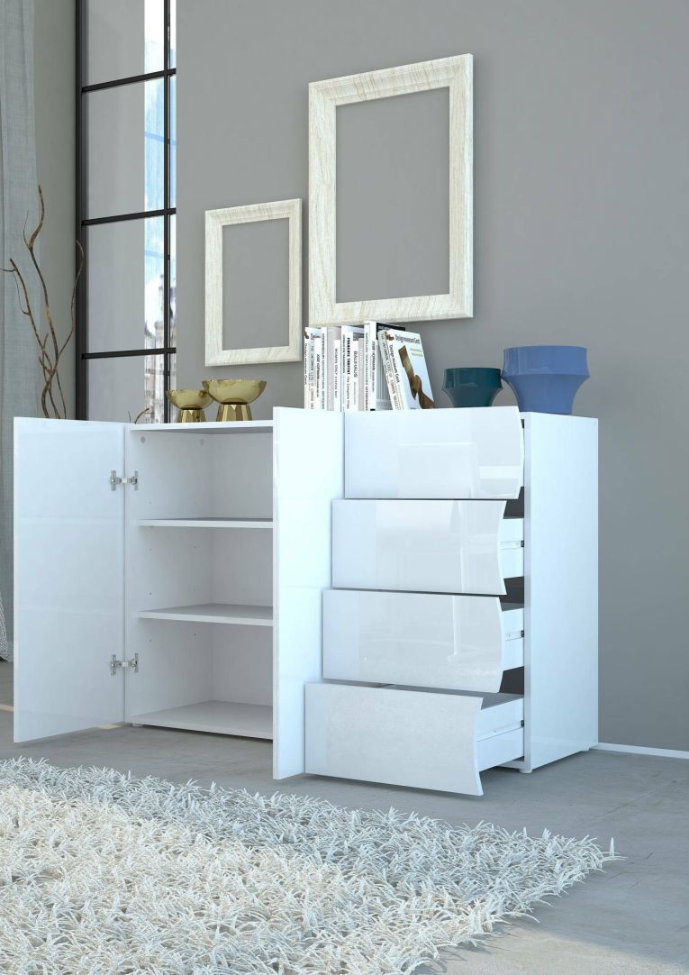 Credenza bianco lucida 124x40x81h cm 2 ante e 4 cassetti - Aksa
