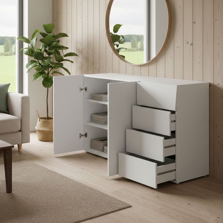 Credenza bianco lucida 124x40x81h cm 2 ante e 4 cassetti - Athos