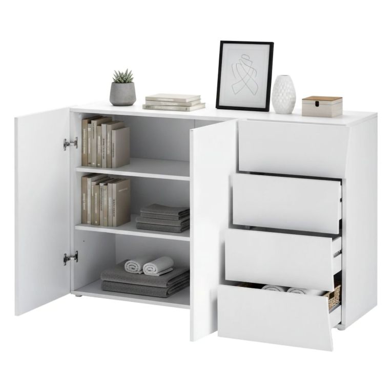 Credenza bianco lucida 124x40x81h cm 2 ante e 4 cassetti - Athos