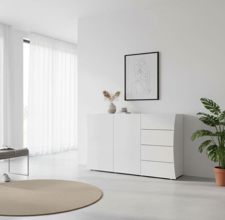 Credenza bianco lucida 124x40x81h cm 2 ante e 4 cassetti - Athos