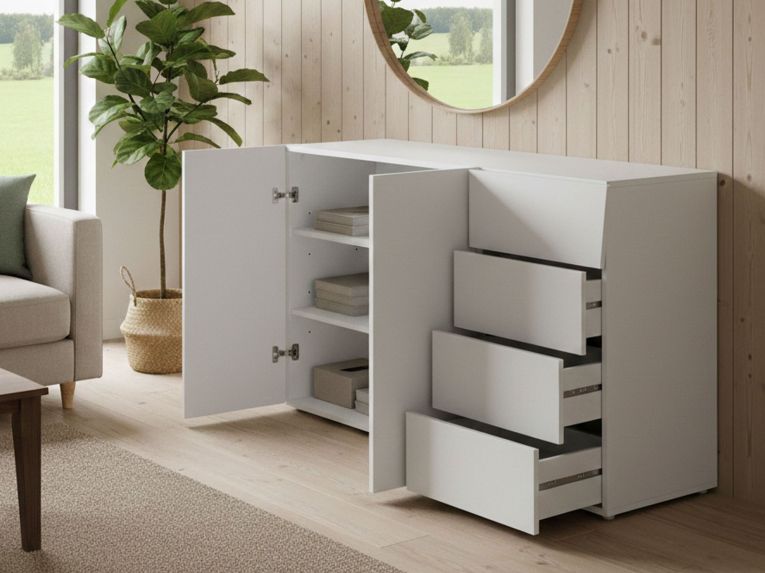 Credenza bianco lucida 124x40x81h cm 2 ante e 4 cassetti - Athos