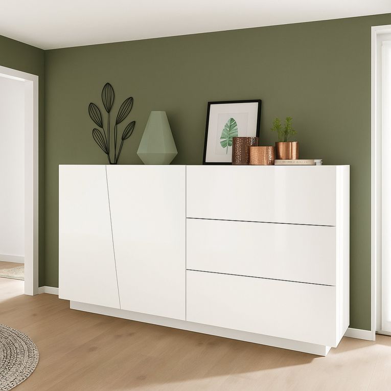 Credenza bianco lucida 140x43x86h cm 2 ante e 3 cassetti - Favonio