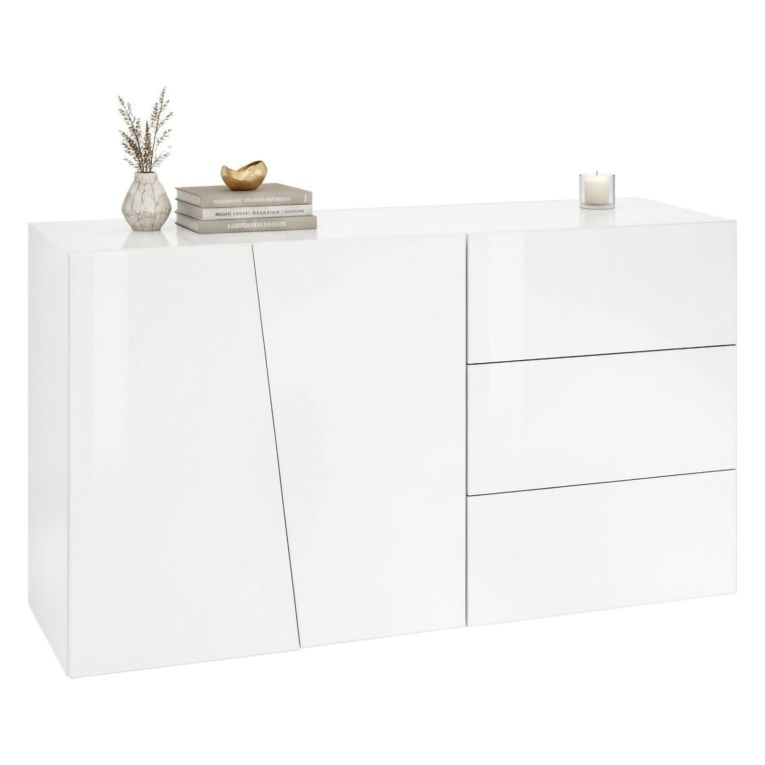 Credenza bianco lucida 140x43x86h cm 2 ante e 3 cassetti - Favonio