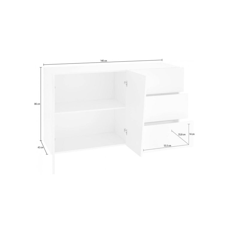 Credenza bianco lucida 140x43x86h cm 2 ante e 3 cassetti - Favonio