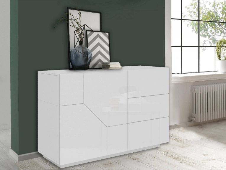 Credenza bianco lucida 141x43x86h cm 2 ante e 3 cassetti - All