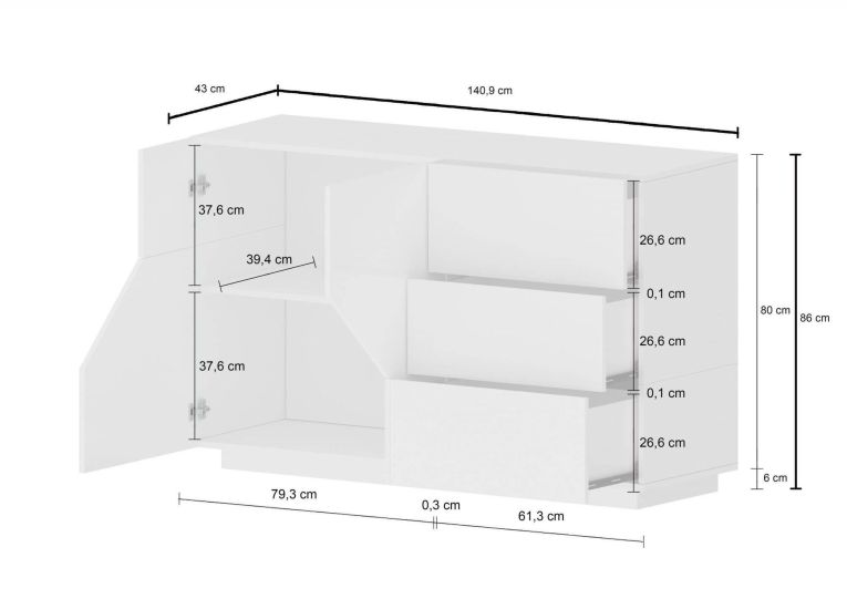Credenza bianco lucida 141x43x86h cm 2 ante e 3 cassetti - All