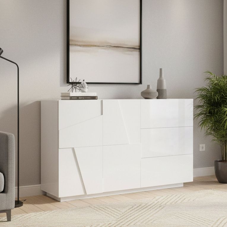 Credenza bianco lucida 142x44x86h cm 2 ante e 3 cassetti - Aydee
