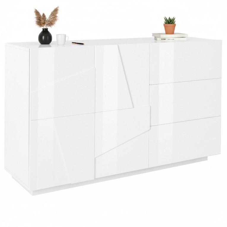 Credenza bianco lucida 142x44x86h cm 2 ante e 3 cassetti - Aydee