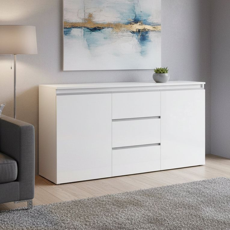 Credenza bianco lucida 150x40x81h cm 2 ante e 3 cassetti - Amoco