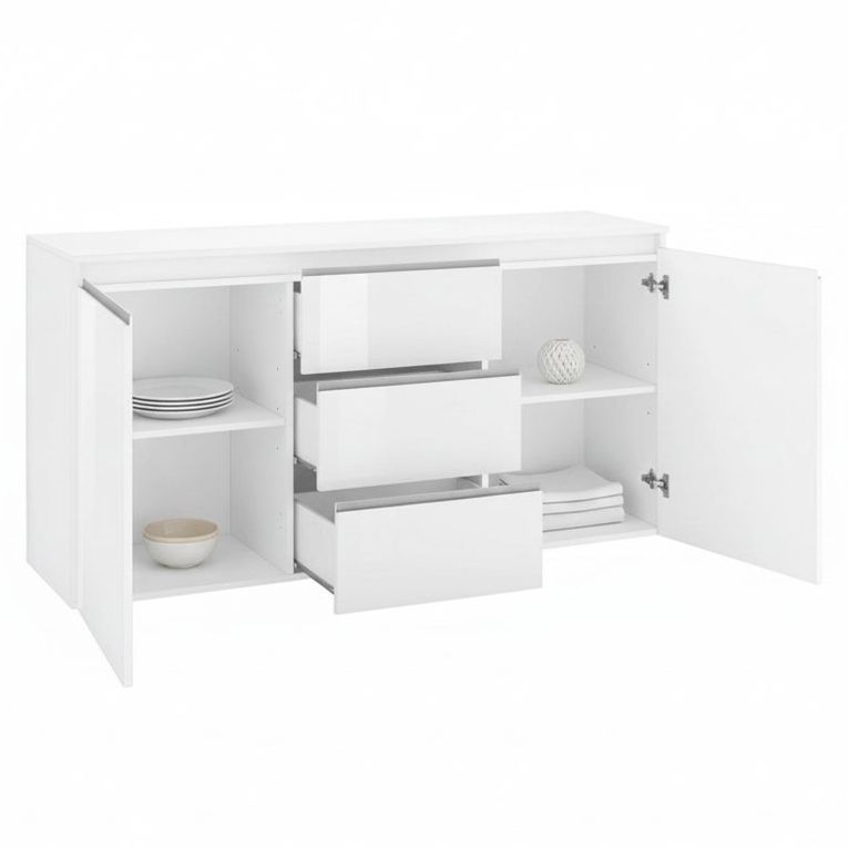 Credenza bianco lucida 150x40x81h cm 2 ante e 3 cassetti - Amoco