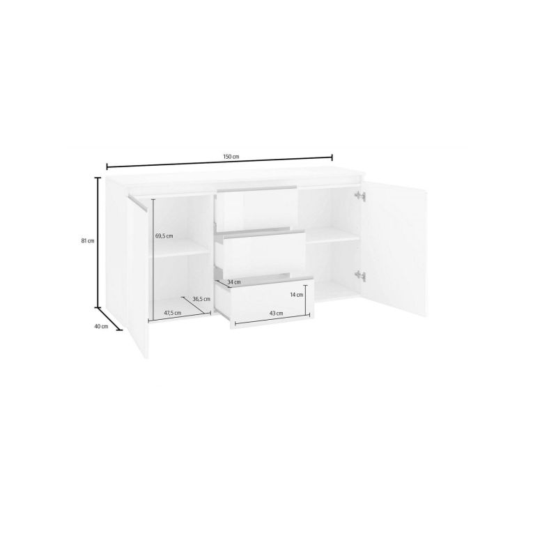 Credenza bianco lucida 150x40x81h cm 2 ante e 3 cassetti - Amoco