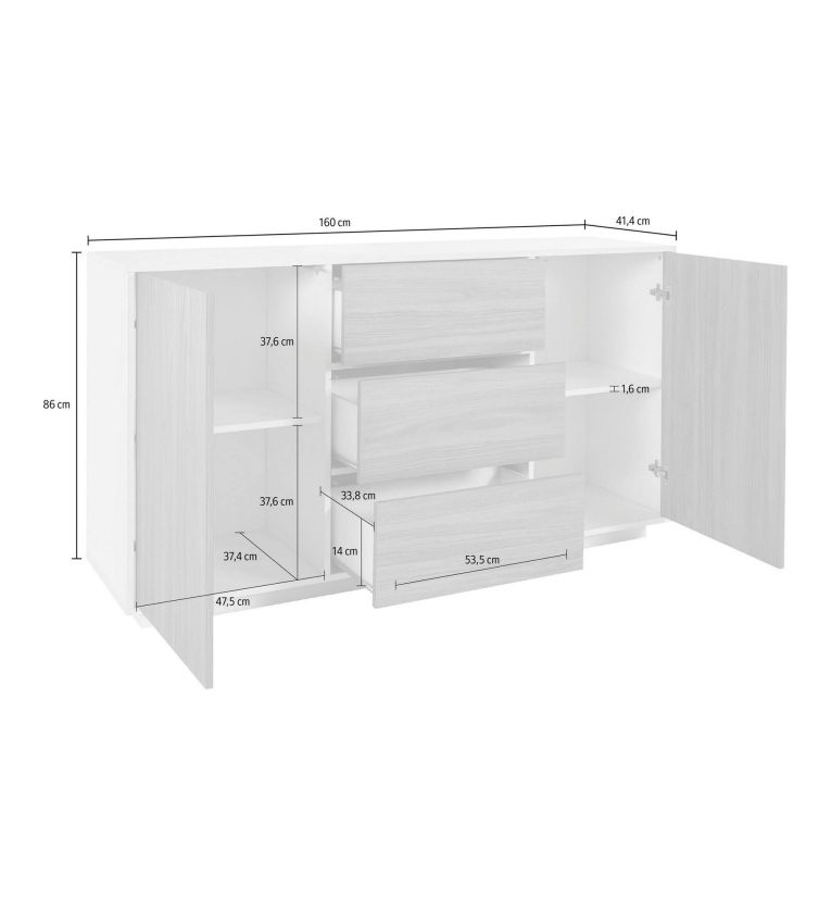 Credenza bianco lucida 160x41x86h cm 2 ante e 3 cassetti - Aysha