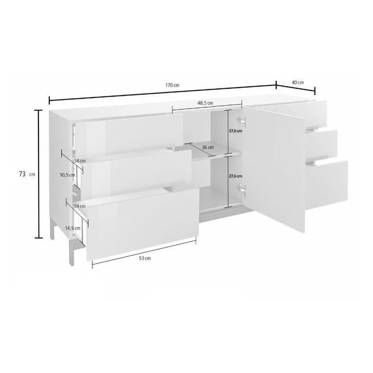 Credenza bianco lucida 170x40x73h cm 1 anta e 6 cassetti - Pirite