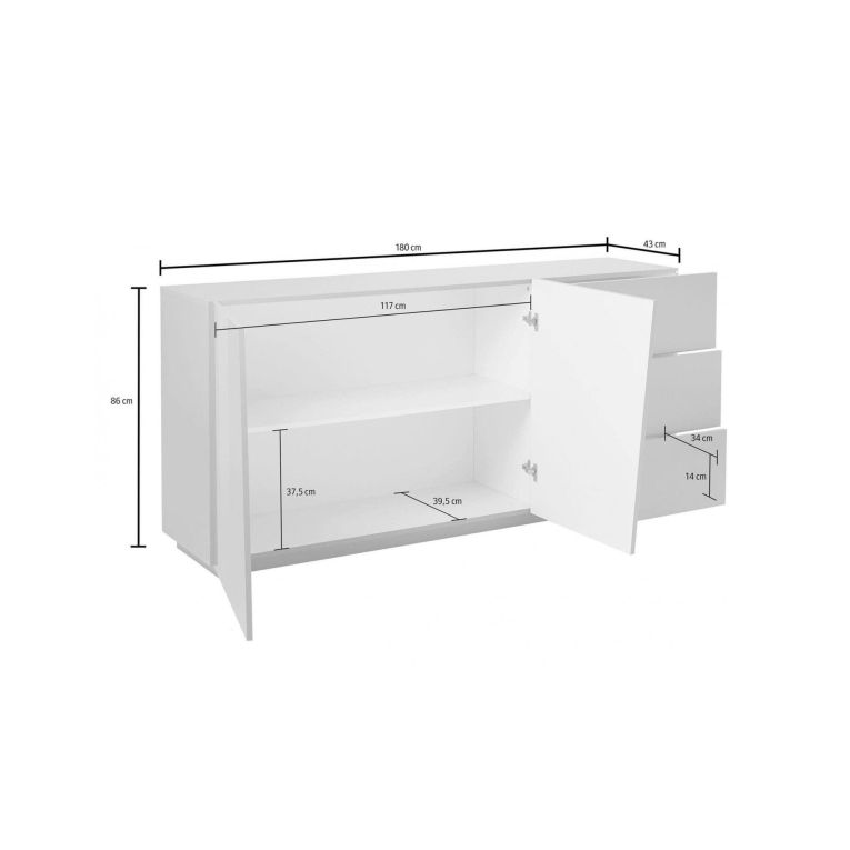 Credenza bianco lucida 180x43x86h cm 2 ante e 3 cassetti - Ariet