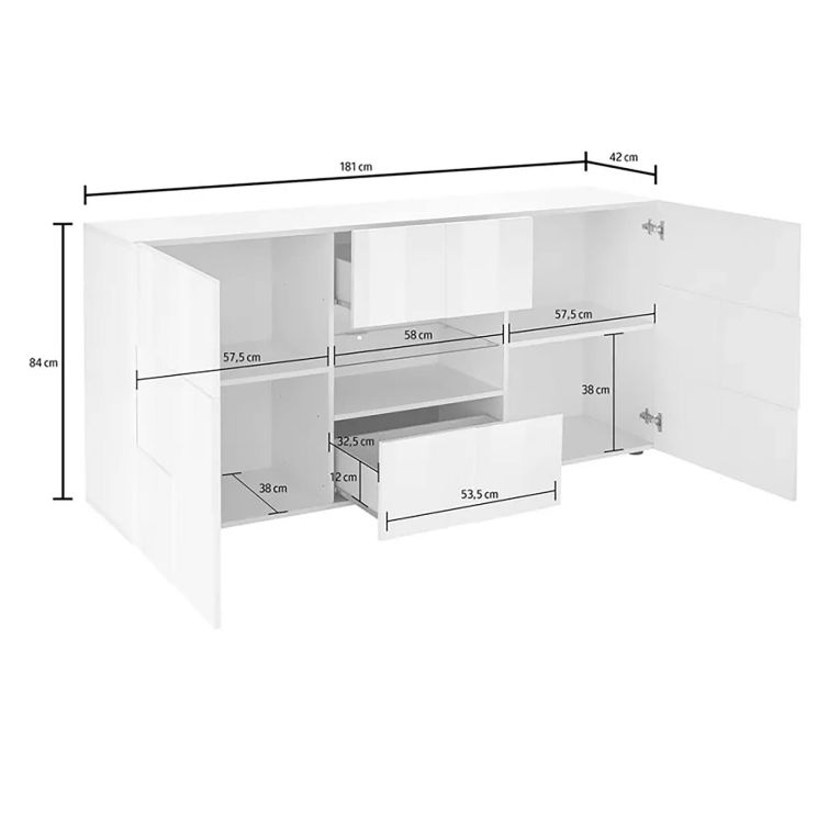 Credenza bianco lucida 181x43x84h cm 2 ante e 2 cassetti - Zerba
