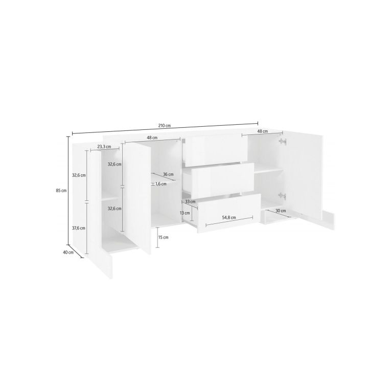 Credenza bianco lucida 210x45x85h cm 4 ante e 3 cassetti - Alchemy