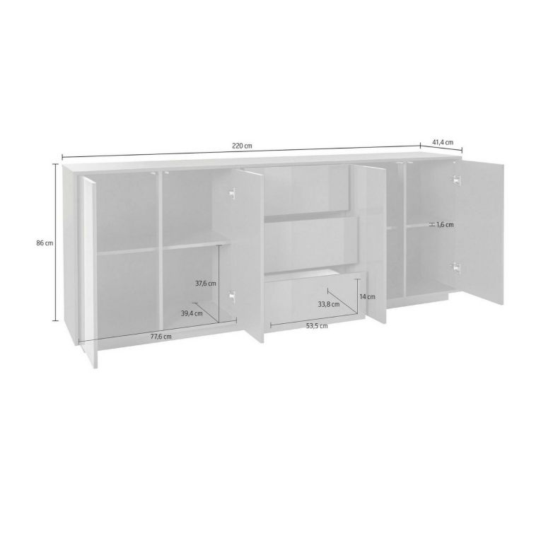 Credenza bianco lucida 220x41x86h cm 4 ante e 3 cassetti - Arrachis