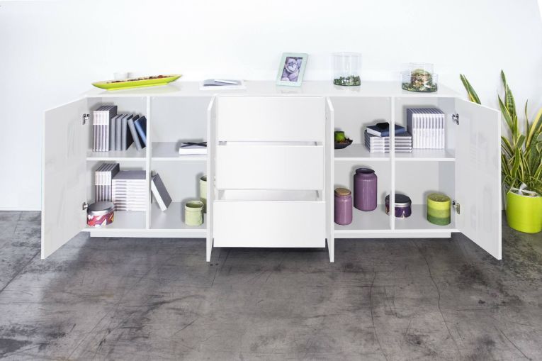 Credenza bianco lucida 220x41x86h cm 4 ante e 3 cassetti - Arrachis