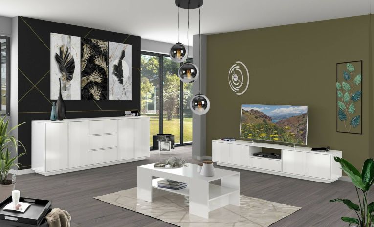 Credenza bianco lucida 220x41x86h cm 4 ante e 3 cassetti - Arrachis