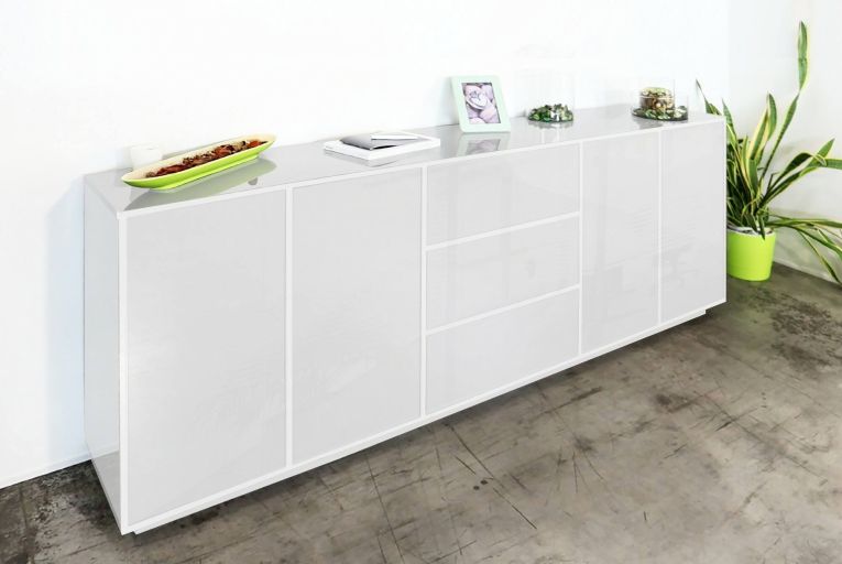 Credenza bianco lucida 220x41x86h cm 4 ante e 3 cassetti - Arrachis