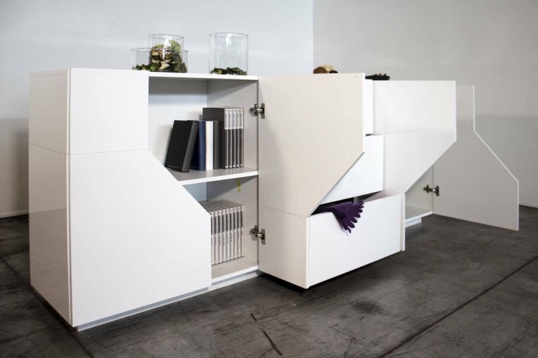 Credenza bianco lucida 220x43x86h cm 4 ante e 3 cassetti - Almira