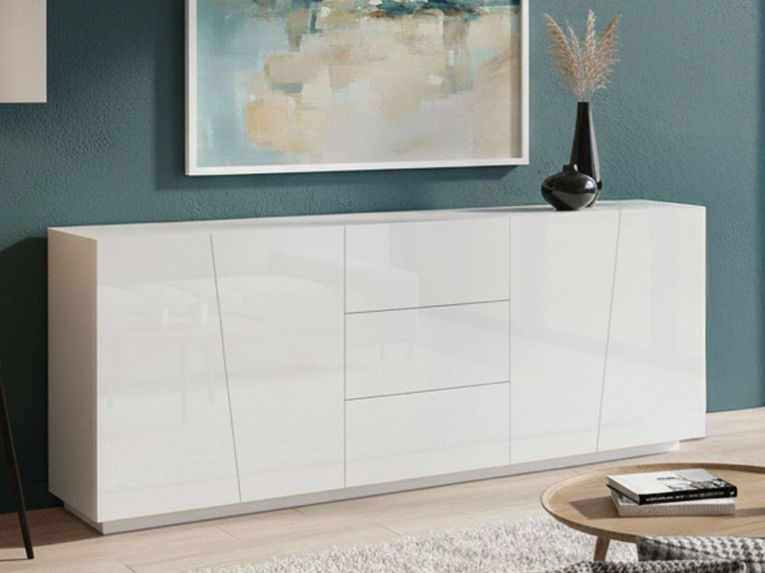 Credenza bianco lucida 220x43x86h cm 4 ante e 3 cassetti - Ayrton