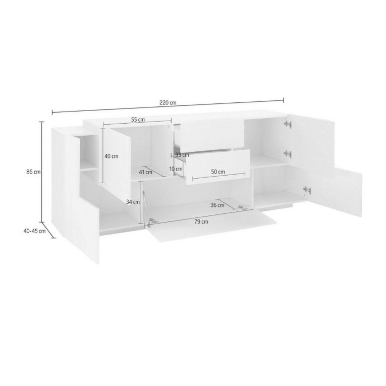 Credenza bianco lucida 220x45x86h cm 5 ante e 2 cassetti - Akirum