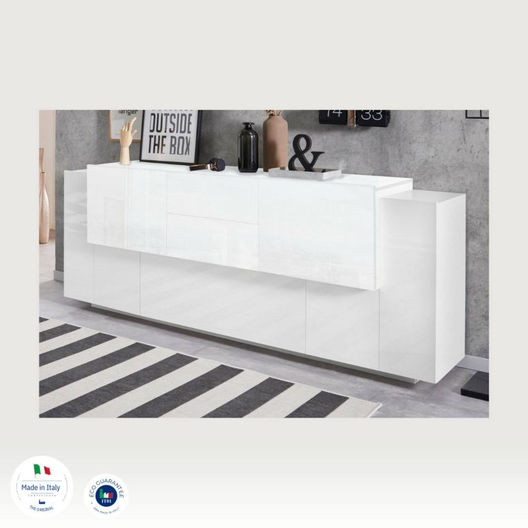 Credenza bianco lucida 220x45x86h cm 5 ante e 2 cassetti - Akirum