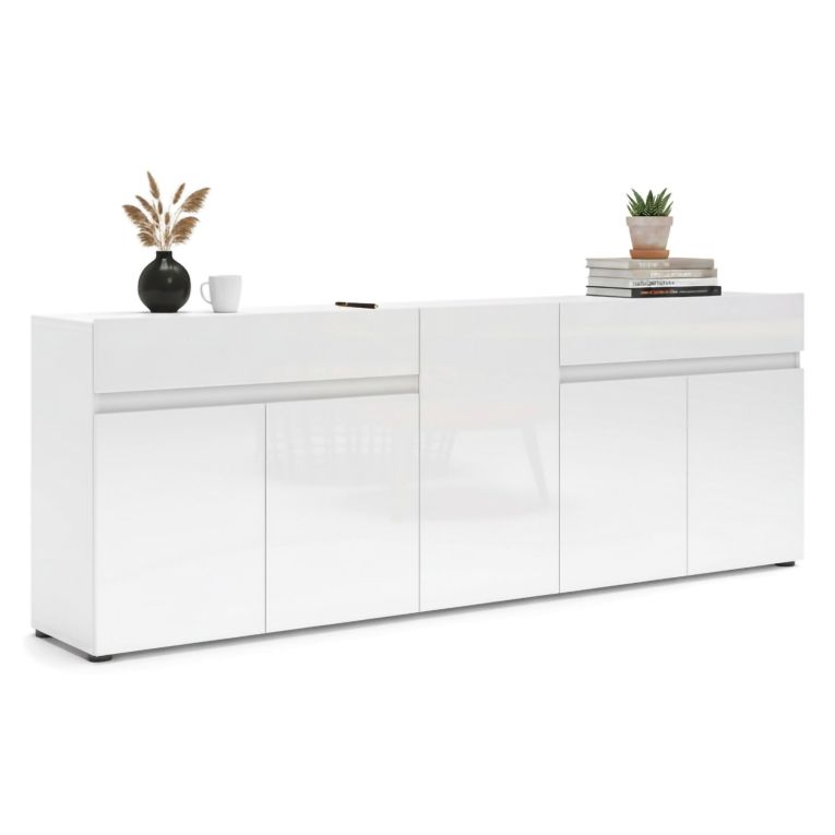 Credenza bianco lucida 225x38x79h cm 5 ante e 2 cassetti - Elenia