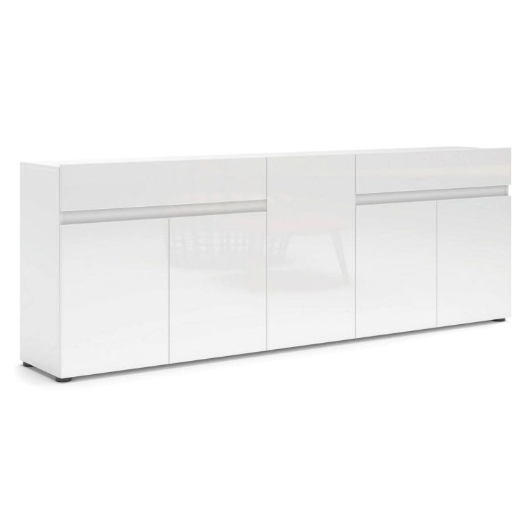 Credenza bianco lucida 225x38x79h cm 5 ante e 2 cassetti - Elenia