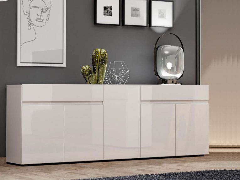 Credenza bianco lucida 225x38x79h cm 5 ante e 2 cassetti - Elenia