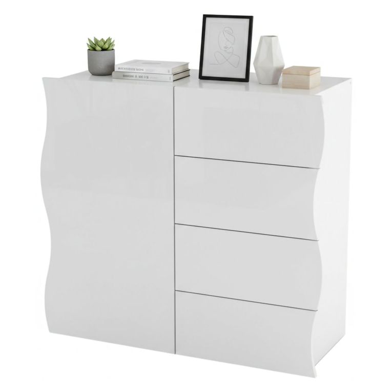Credenza bianco lucida 90x40x81h cm 1 anta e 4 cassetti - Abig