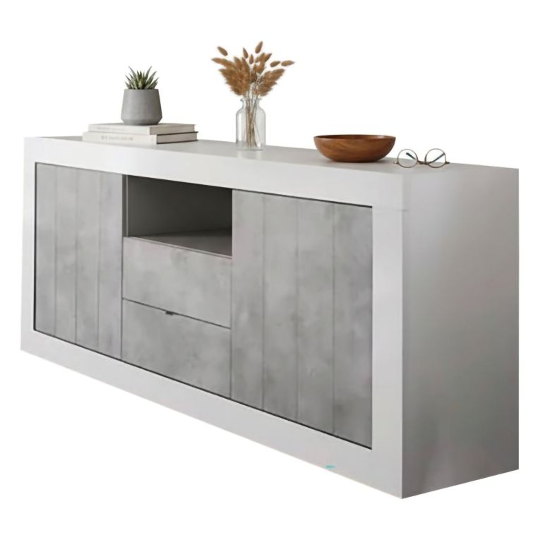 Credenza bianco lucida,cemento 184x42x86h cm 2 ante e 2 cassetti - Antina