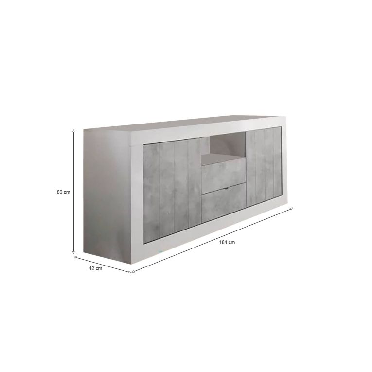 Credenza bianco lucida,cemento 184x42x86h cm 2 ante e 2 cassetti - Antina