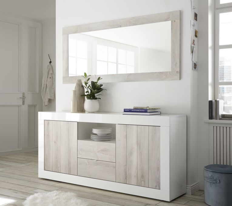 Credenza bianco lucida,cemento 184x42x86h cm 2 ante e 2 cassetti - Antina
