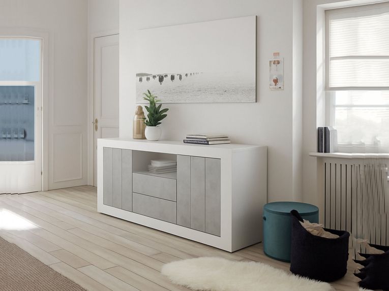 Credenza bianco lucida,cemento 184x42x86h cm 2 ante e 2 cassetti - Antina