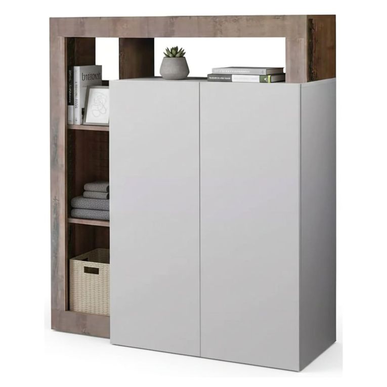 Credenza bianco lucida e acacia 108x42x127h cm 2 ante - Smeraldo
