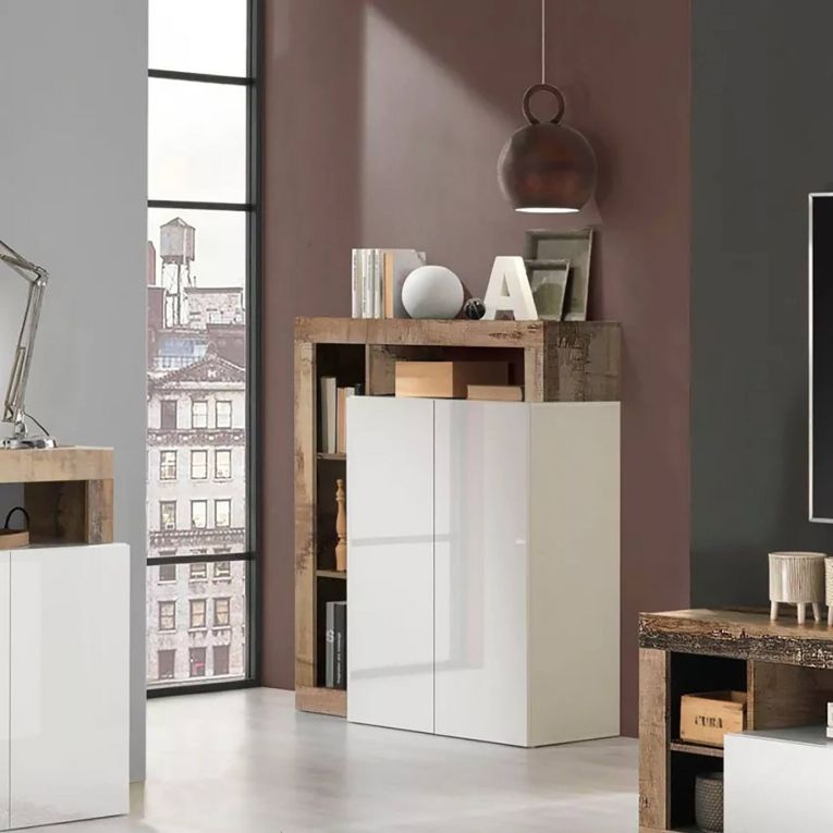 Credenza bianco lucida e acacia 108x42x127h cm 2 ante - Smeraldo