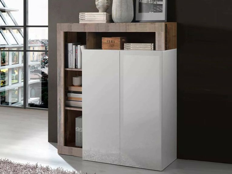 Credenza bianco lucida e acacia 108x42x127h cm 2 ante - Smeraldo