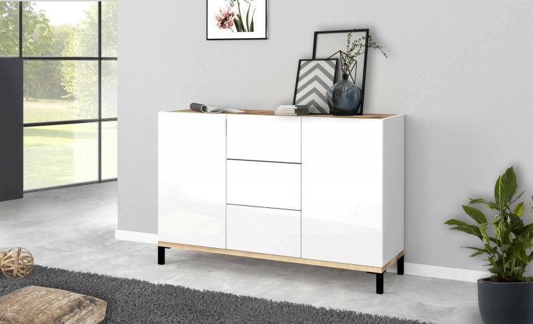 Credenza bianco lucida e acero 120x40x80h cm 2 ante e 3 cassetti - Jessie