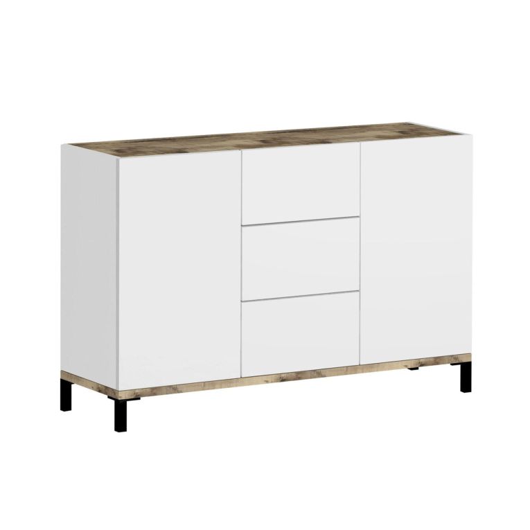 Credenza bianco lucida e acero 120x40x80h cm 2 ante e 3 cassetti - Jessie