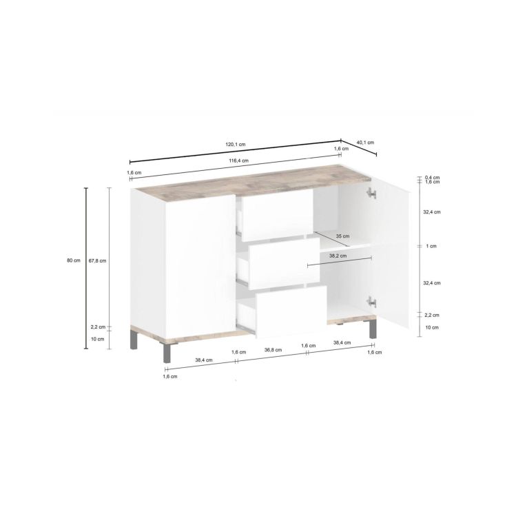 Credenza bianco lucida e acero 120x40x80h cm 2 ante e 3 cassetti - Jessie