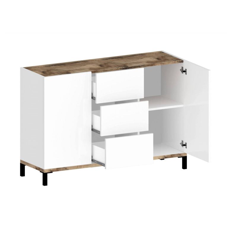 Credenza bianco lucida e acero 120x40x80h cm 2 ante e 3 cassetti - Jessie